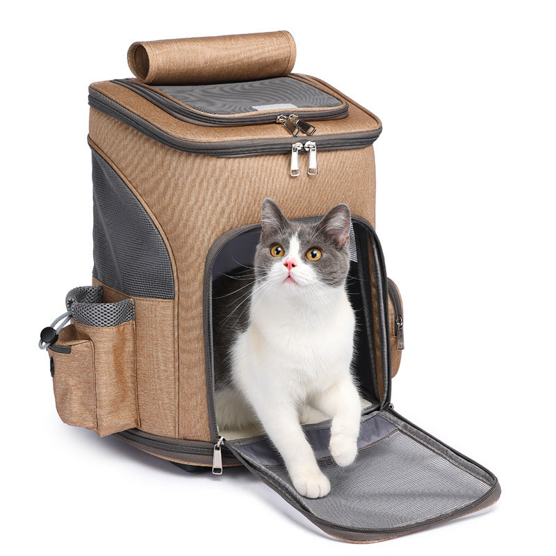 Portable Folding Trolley Pet Backpack – Travel-Friendly Cat Backpack with Universal Wheels