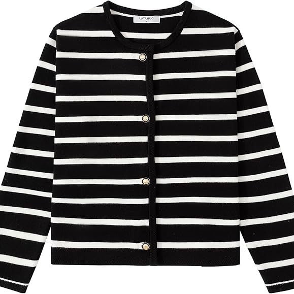 Women's Striped Button-Down Cardigan Sweater – Fashionable Long Sleeve Knitwear