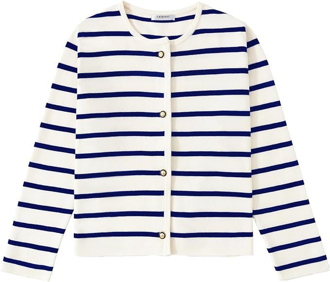 Women's Striped Button-Down Cardigan Sweater – Fashionable Long Sleeve Knitwear