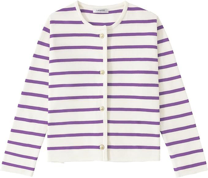 Women's Striped Button-Down Cardigan Sweater – Fashionable Long Sleeve Knitwear