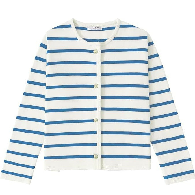 Women's Striped Button-Down Cardigan Sweater – Fashionable Long Sleeve Knitwear