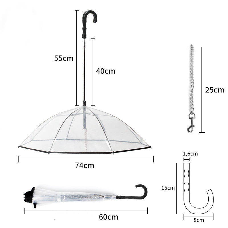 Dog Transparent Umbrella with Leash – Waterproof Pet Umbrella with Removable Traction Chain