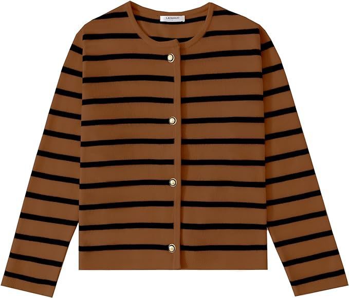 Women's Striped Button-Down Cardigan Sweater – Fashionable Long Sleeve Knitwear