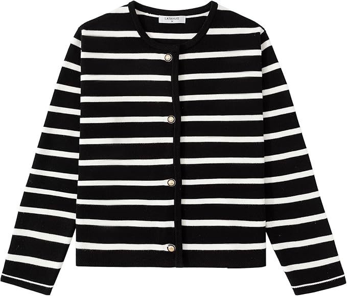 Women's Striped Button-Down Cardigan Sweater – Fashionable Long Sleeve Knitwear